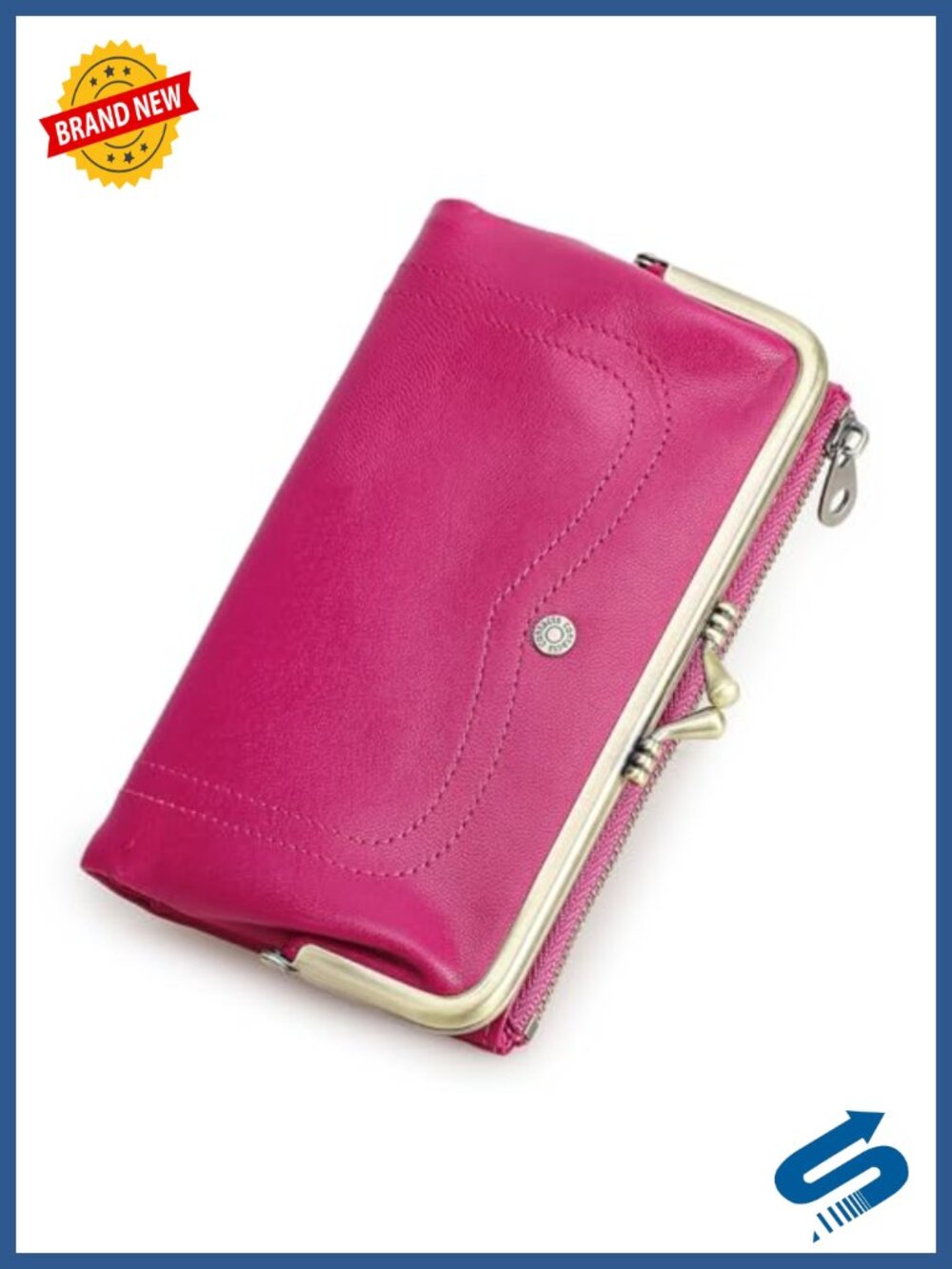 Full Grain Goat Leather Kiss Lock Wallet RFID Bifold Clutch Coin Purse